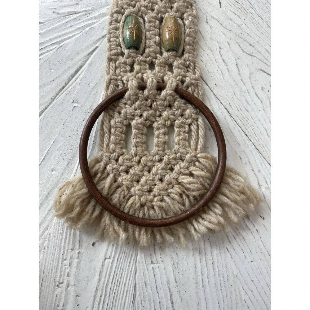 Vintage Retro MCM Beige Macrame Wall Hanging Hand Towel Ring Holder Wooden Beads